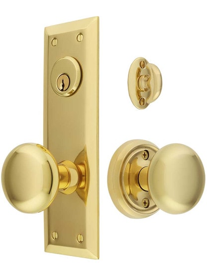 New York Large Plate Mortise Entry Set With Rosette Interior in Polished Brass.
